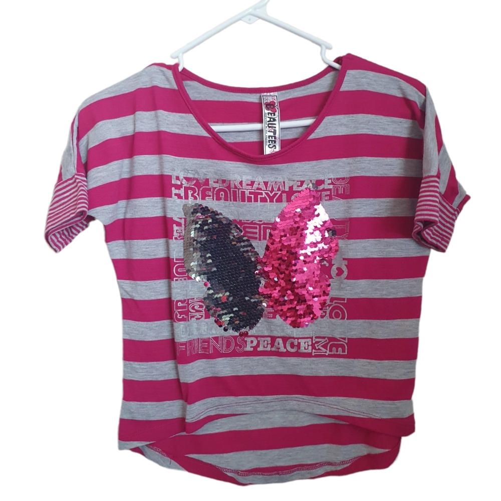 Beautees Girl's Top with Reversible Sequins Butterfly. Sz M 8-10.